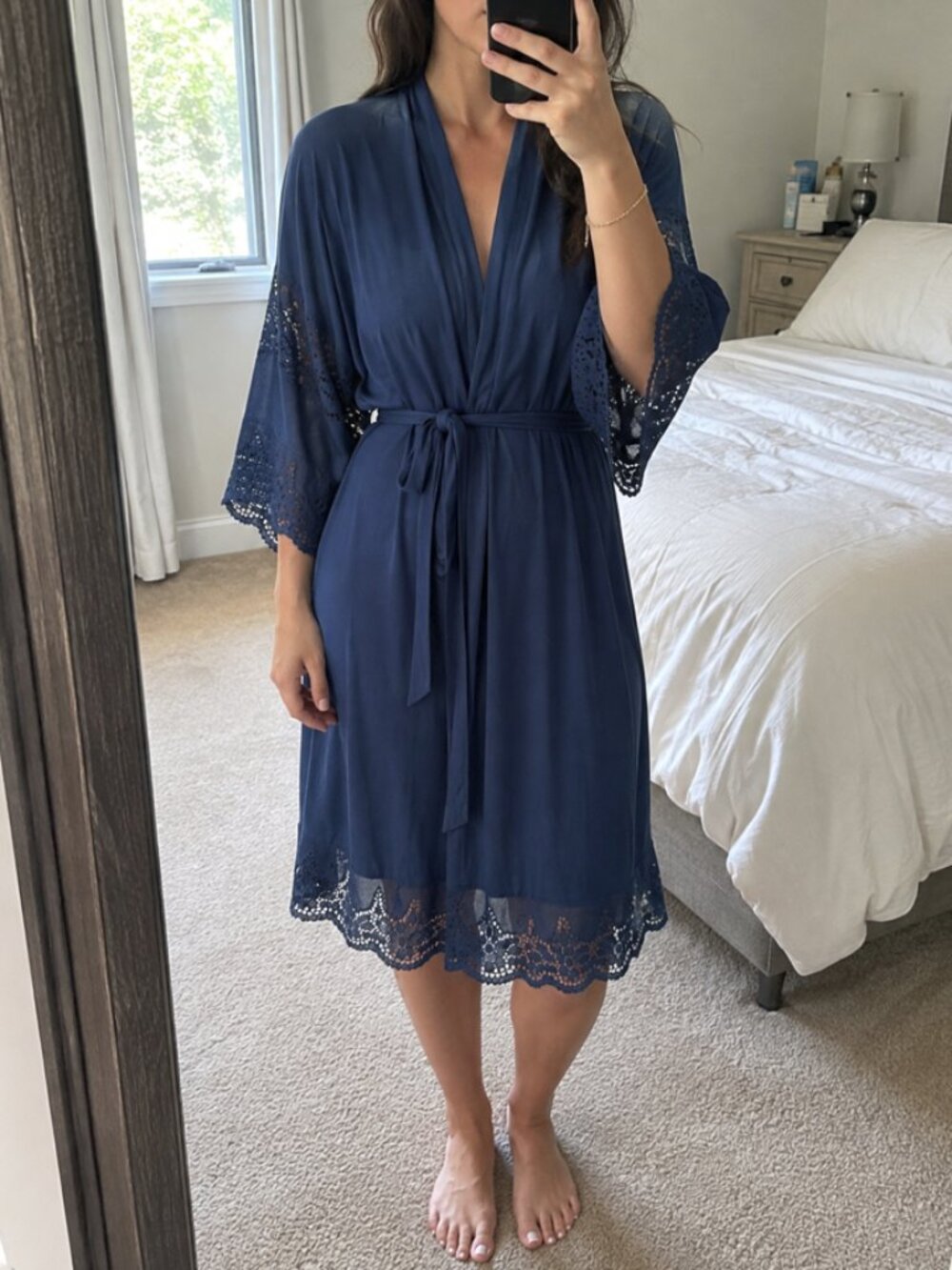 Eberjey Beatrix TENCEL Modal Lace Kimono Robe Navy M NWT